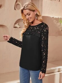 SHEIN Lace Yoke & Sleeve Frill Trim Top - Black - View 5