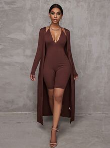 SHEIN SXY Women Two-piece Outfits Rib-Knit Plain Casual - Coffee Brown - View 1