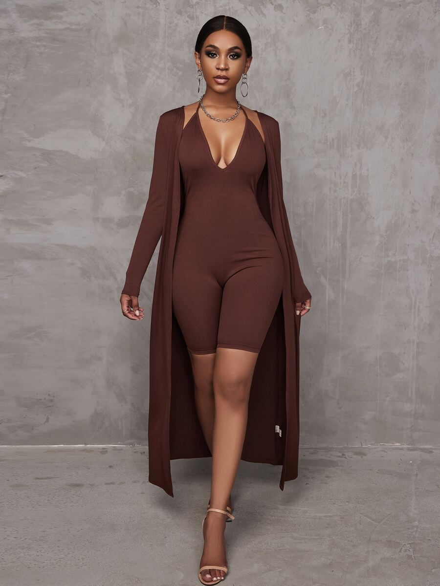SHEIN SXY Women Two-piece Outfits Rib-Knit Plain Casual - Coffee Brown - View 1