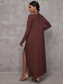 SHEIN SXY Women Two-piece Outfits Rib-Knit Plain Casual - Coffee Brown - View 2