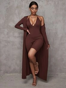 SHEIN SXY Women Two-piece Outfits Rib-Knit Plain Casual - Coffee Brown - View 3