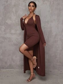 SHEIN SXY Women Two-piece Outfits Rib-Knit Plain Casual - Coffee Brown - View 4