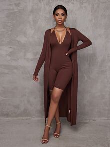 SHEIN SXY Women Two-piece Outfits Rib-Knit Plain Casual - Coffee Brown - View 5
