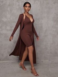 SHEIN SXY Women Two-piece Outfits Rib-Knit Plain Casual - Coffee Brown - View 6