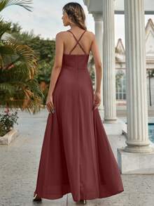 素色交叉後拉鏈吊帶裙伴娘禮服 - 紅木色 - 查看 2