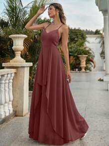素色交叉後拉鏈吊帶裙伴娘禮服 - 紅木色 - 查看 1