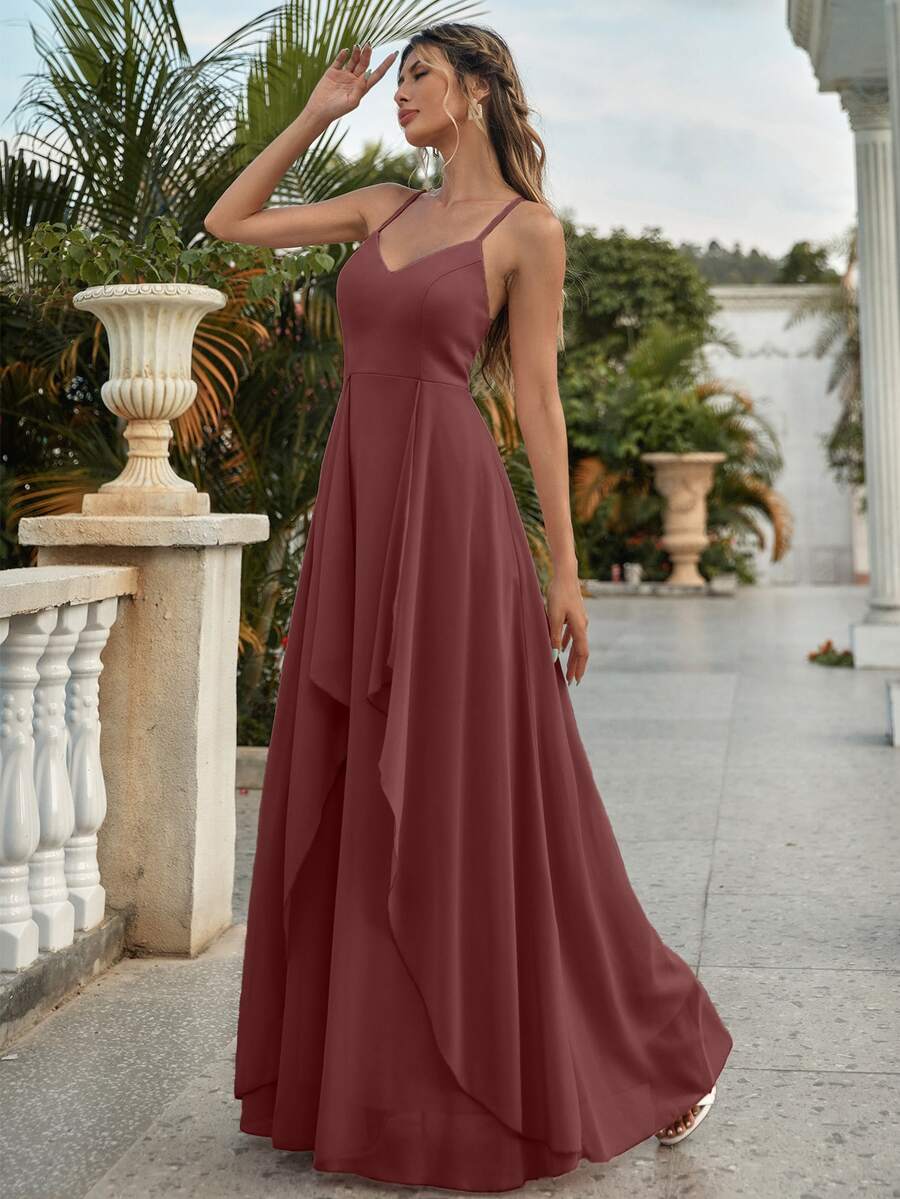 素色交叉後拉鏈吊帶裙伴娘禮服 - 紅木色 - 查看 1
