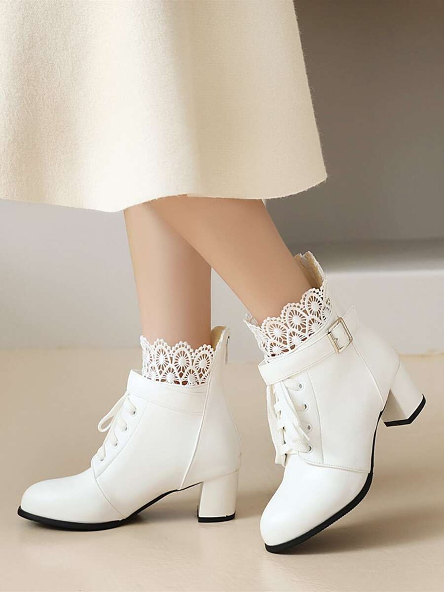 Botas con encaje en contraste con tacón grueso - Blanco - Ver 1