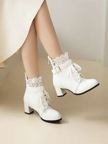 Botas con encaje en contraste con tacón grueso - Blanco - Ver 2