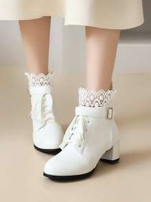 Botas con encaje en contraste con tacón grueso - Blanco - Ver 3