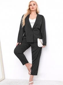 Plus Pinstriped Single Button Blazer & Trousers - Black - View 1