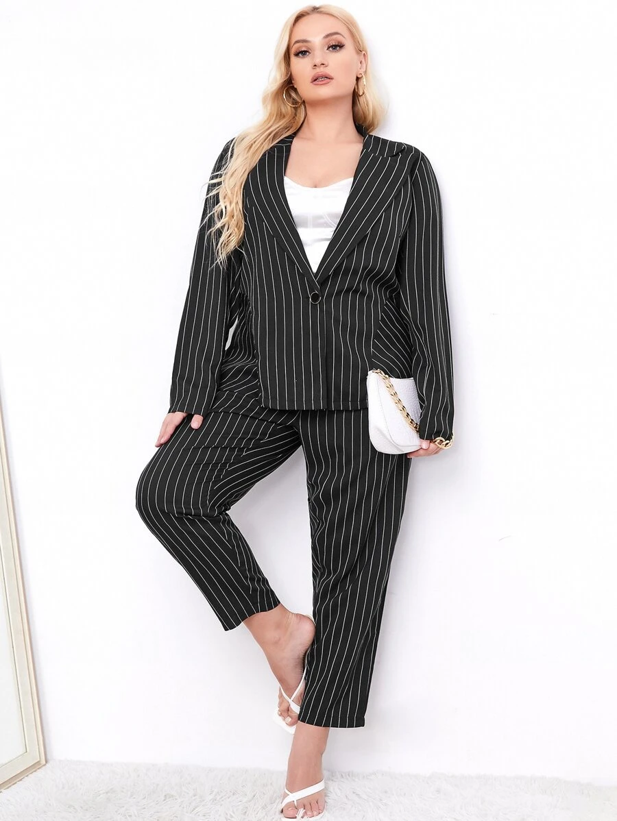 Plus Pinstriped Single Button Blazer & Trousers - Black - View 1
