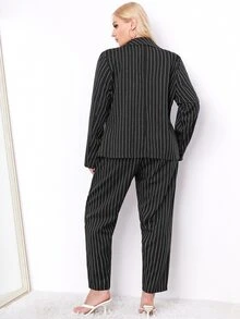 Plus Pinstriped Single Button Blazer & Trousers - Black - View 2
