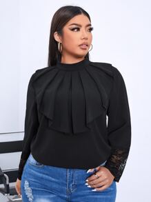SHEIN Privé Plus Contrast Lace Ruffle Trim Blouse - Black - View 1