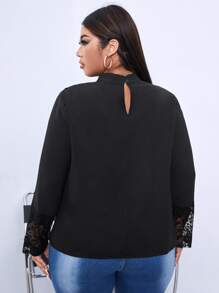 SHEIN Privé Plus Contrast Lace Ruffle Trim Blouse - Black - View 2