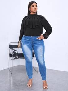 SHEIN Privé Plus Contrast Lace Ruffle Trim Blouse - Black - View 3