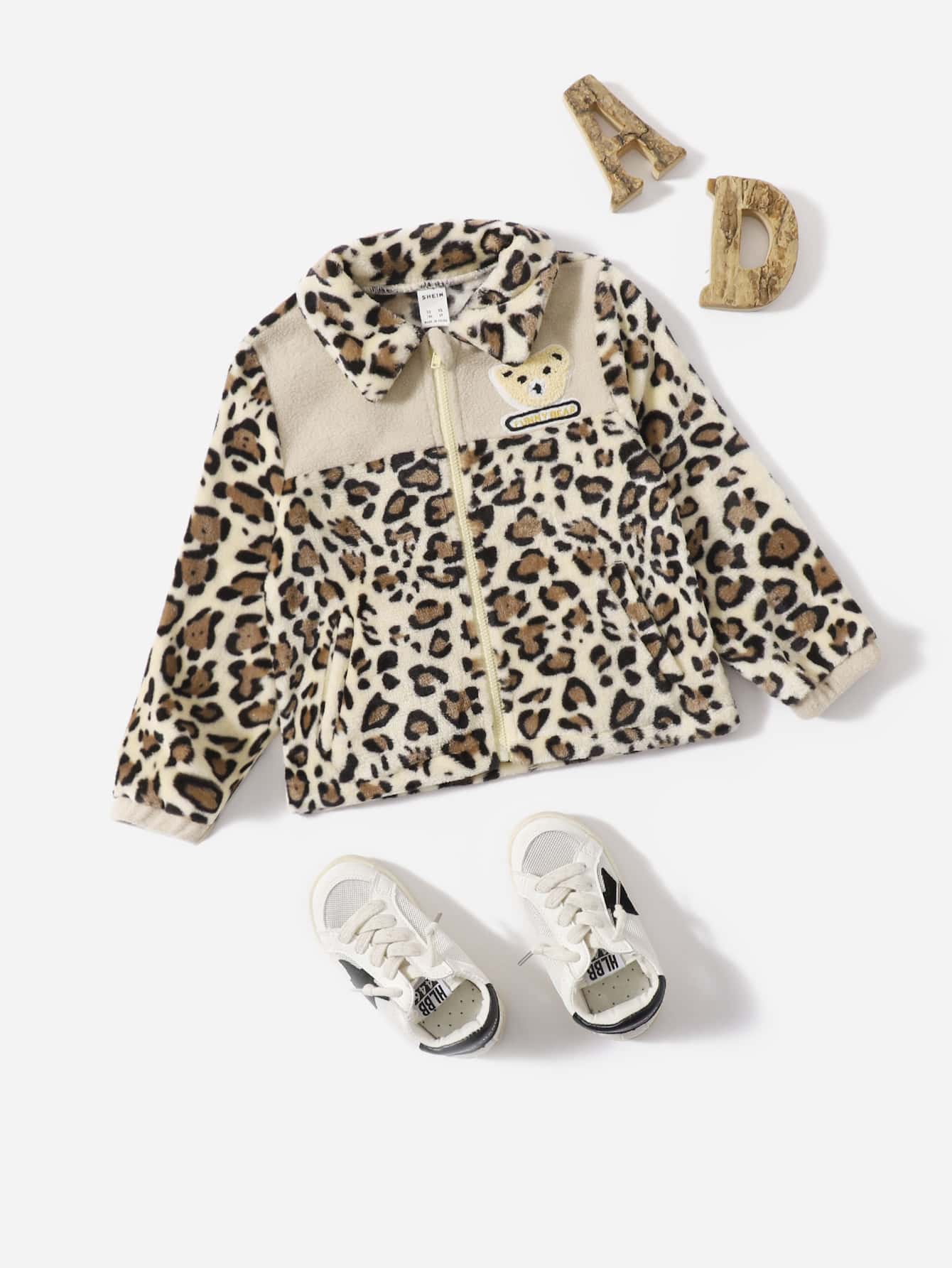 SHEIN Toddler Boys Leopard Pattern Bear Patched Zipper Teddy Jacket - Multicolor - View 1
