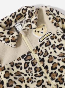 SHEIN Toddler Boys Leopard Pattern Bear Patched Zipper Teddy Jacket - Multicolor - View 4