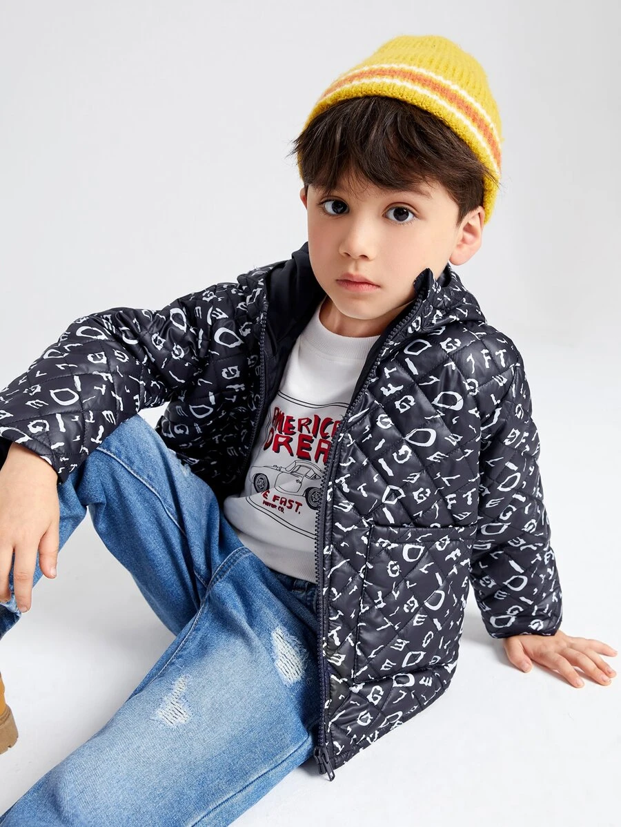 SHEIN 小男童字母圖案雙口袋拉鍊連帽絎縫外套