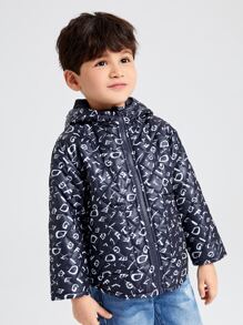 SHEIN 小男童字母圖案雙口袋拉鍊連帽絎縫外套