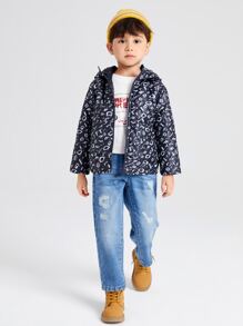 SHEIN 小男童字母圖案雙口袋拉鍊連帽絎縫外套