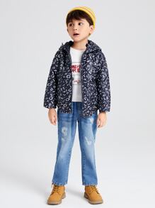 SHEIN 小男童字母圖案雙口袋拉鍊連帽絎縫外套