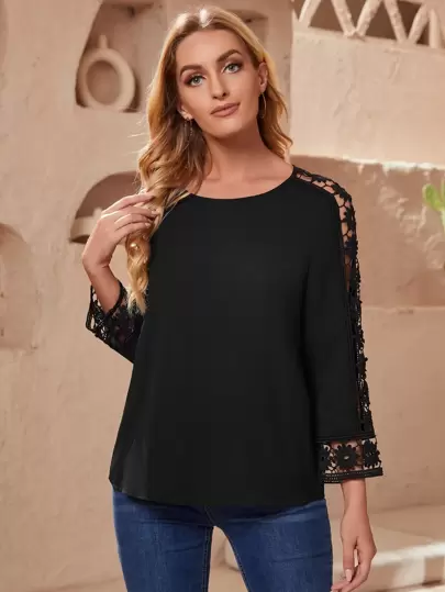 EMERY ROSE Camiseta holgada casual de mujer con cuello redondo, contraste de encaje y mangas 3/4 de un solo color