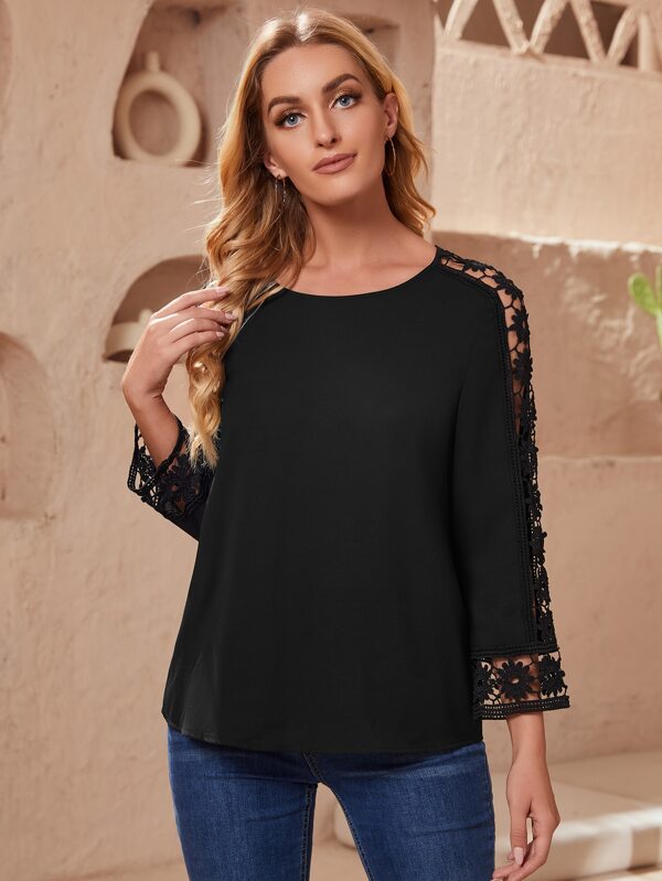 EMERY ROSE Camiseta holgada casual de mujer con cuello redondo, contraste de encaje y mangas 3/4 de un solo color