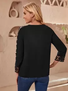 EMERY ROSE Women's Solid Color Round Neck Contrast Lace 3/4 Sleeve Loose Casual Shirt - Black - View 2