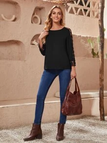EMERY ROSE Women's Solid Color Round Neck Contrast Lace 3/4 Sleeve Loose Casual Shirt - Black - View 3