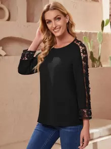 EMERY ROSE Women's Solid Color Round Neck Contrast Lace 3/4 Sleeve Loose Casual Shirt - Black - View 5