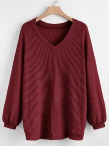 SHEIN LUNE Sudadera escote V de manga raglán waffle - Granate - Ver 1