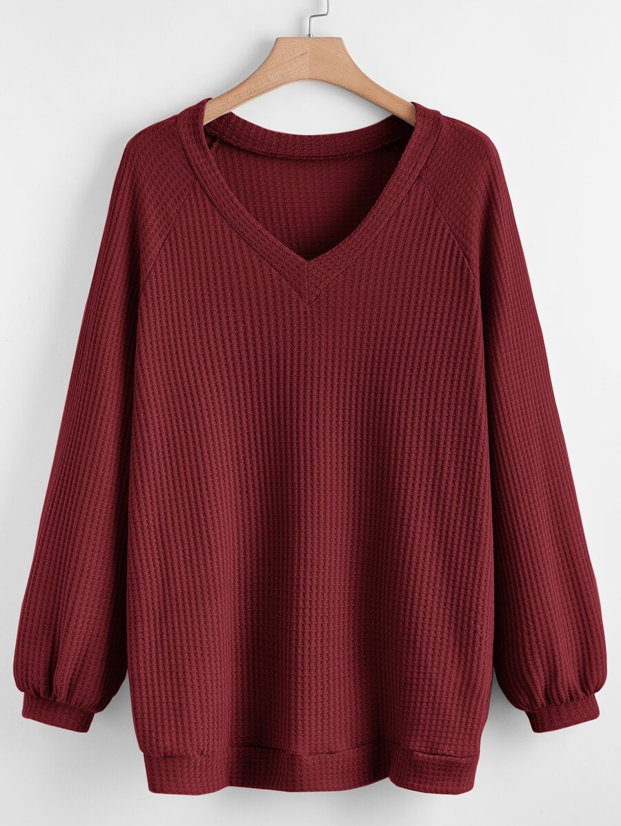 SHEIN LUNE Sudadera escote V de manga raglán waffle - Granate - Ver 1