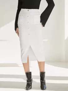 Modelyn Split Hem Button Up Knit Skirt - White - View 1