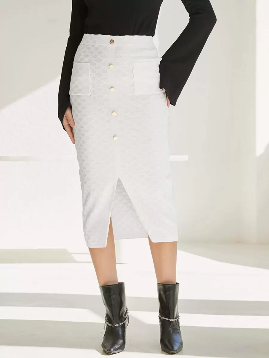 Modelyn Split Hem Button Up Knit Skirt - White - View 1
