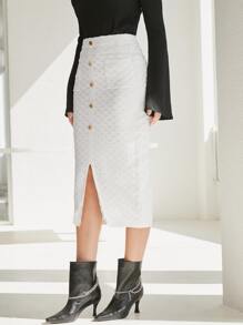 Modelyn Split Hem Button Up Knit Skirt - White - View 4