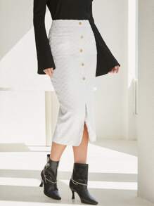 Modelyn Split Hem Button Up Knit Skirt - White - View 5