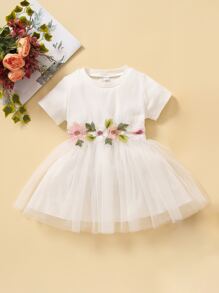 Baby Floral Embroidered Applique Mesh Hem Dress - White - View 1