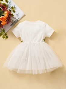 Baby Floral Embroidered Applique Mesh Hem Dress - White - View 2