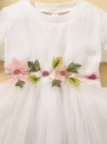 Baby Floral Embroidered Applique Mesh Hem Dress - White - View 6