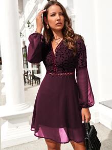 SHEIN Clasi Guipure Lace Insert Lantern Sleeve Chiffon Dress - Purple - View 1