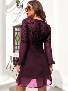 SHEIN Clasi Guipure Lace Insert Lantern Sleeve Chiffon Dress - Purple - View 2