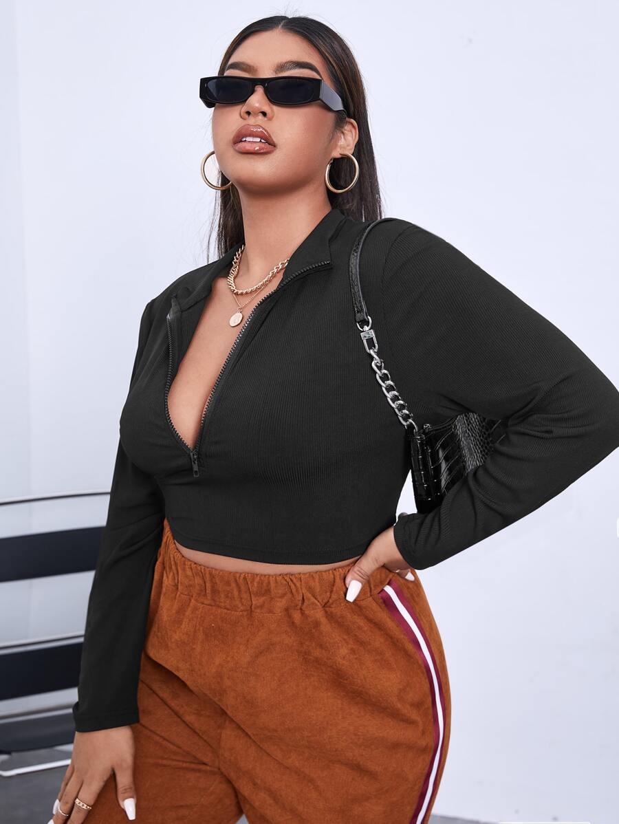 Calvaya Plus Half Zipper Ribbed Knit Crop Tee - Black - View 1