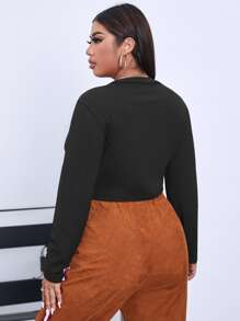 Calvaya Plus Half Zipper Ribbed Knit Crop Tee - Black - View 2