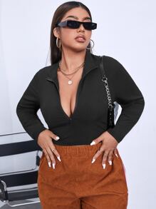 Calvaya Plus Half Zipper Ribbed Knit Crop Tee - Black - View 3