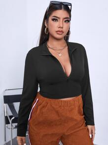 Calvaya Plus Half Zipper Ribbed Knit Crop Tee - Black - View 4