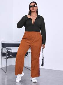 Calvaya Plus Half Zipper Ribbed Knit Crop Tee - Black - View 5