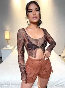 SHEIN 大理石圖案不對稱下擺短款網紗上衣 - 彩色 - 查看 1