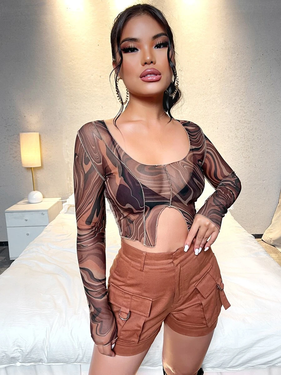 SHEIN 大理石圖案不對稱下擺短款網紗上衣 - 彩色 - 查看 1