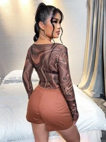 SHEIN 大理石圖案不對稱下擺短款網紗上衣 - 彩色 - 查看 2